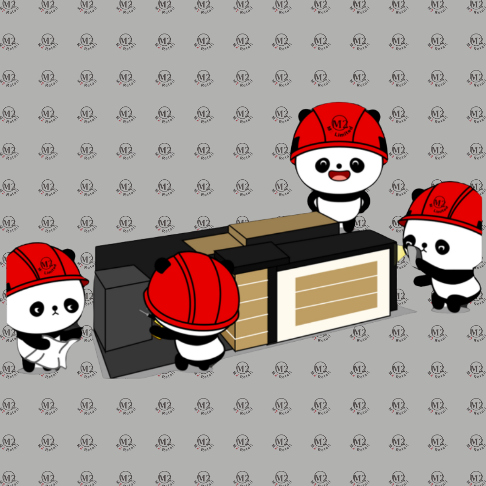 Four pandas in red helmets installing a mall kiosk, illustrating the installation process.