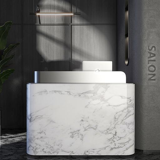 1.4m Long Curved Luxury White Marble Laminate Reception Desk Till Counter for Retail Store - M2 Retail