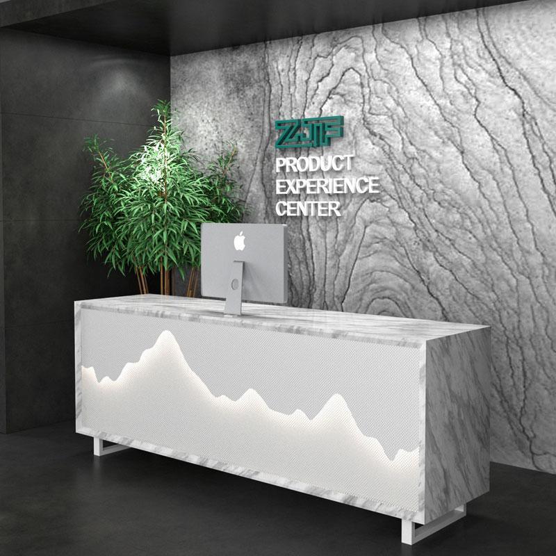 LED illuminated Modern White Marble Reception Desk for Nail Salon in Black White Marble Laminated Cash Counter - M2 Retail