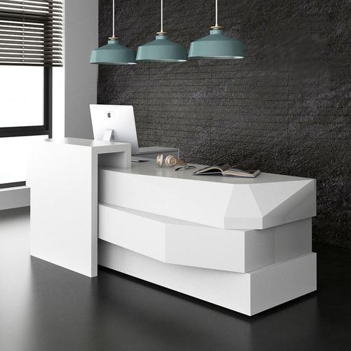Modern White Reception Desk with Quartz Counter Geometric Reception Desk Wooden Painting - M2 Retail