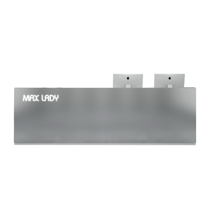 Luxu Reception Desk for Salon Spa Store Fashsion Shop (1.2~2.4m) with LED Signage in Silver Gold Stainless Steel & Wood Painting - M2 Retail